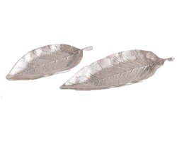 Set van 2 dienbladen in de vorm van een blad uit kunsthars kleur zilver Groot: cm 27,5 x 9,5 H Klein: 22 x 8,5