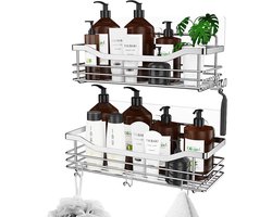 Set van 2 Doucherek zonder Boren – RVS Doucheplank met 5 Haken – Zelfklevend Doucherek Badkamer – Douche Organizer en Opbergrek voor Shampoo, Douchegel en Badaccessoires – Wandrek voor Badkamer en Keuken – Sterk & Roestvrij