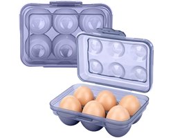 Set van 2: Draagbare, stapelbare eierdozen — Elk voor 6 eieren — Met afsluitende deksels — PP-materiaal — Ideaal voor opslag in de koelkast en op reis (Blauw)