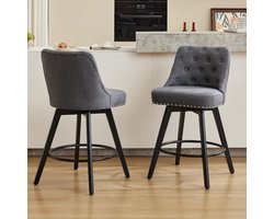 Set van 2 draaibare barkrukken - Barkrukken op barhoogte met gecapitonneerde rugleuning en voetsteun - Set barkrukken met linnen bekleding - 96 × 53 × 50 cm - Grijs