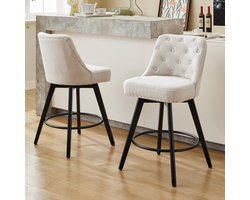 Set van 2 draaibare barkrukken - Barkrukken op barhoogte met gecapitonneerde rugleuning en voetsteun - Set barkrukken met linnen bekleding - 96 × 53 × 50 cm - Beige
