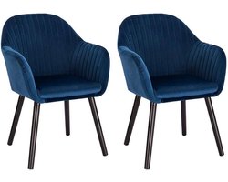 Set van 2 Eetkamerstoelen – Blauw Fluweel – Met Armleuning – Zwarte Massief Houten Poten