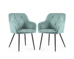 Set van 2 Eetkamerstoelen DIAMANTE met Armleuningen / Gestoffeerde Stoelen / Fluwelen Stoelen en Metalen Poten / Turkooizen kleur met zwarte benen