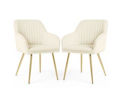 Set van 2 Eetkamerstoelen FLORENCE met Armleuningen / Gestoffeerde Stoelen / Fluwelen Stoelen en Metalen Poten / Crème kleur met gouden benen