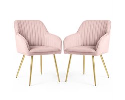 Set van 2 Eetkamerstoelen FLORENCE met Armleuningen / Gestoffeerde Stoelen / Fluwelen Stoelen en Metalen Poten / Poederroze met gouden benen