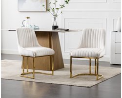 Set van 2 Eetkamerstoelen – Fluwelen Gestoffeerde Stoelen zonder Armleuningen – Witte Stoelen met Metalen Poten – Voor Woonkamer, Slaapkamer of Kantoor
