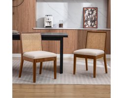 Set van 2 Eetkamerstoelen – Linnen Keukenstoelen met Rotan Rugleuning – Vintage Houten Accentstoelen – Bruin