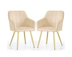 Set van 2 Eetkamerstoelen LUXANO met Armleuningen / Gestoffeerde Stoelen / Fluwelen Stoelen en Metalen Poten / Beige met gouden benen