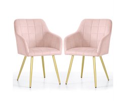 Set van 2 Eetkamerstoelen LUXANO met Armleuningen / Gestoffeerde Stoelen / Fluwelen Stoelen en Metalen Poten / Poederroze met gouden benen