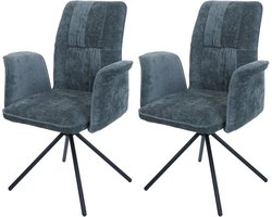 Set van 2 eetkamerstoelen MCW-N99, draaibare armleuning met automatische terugvering, stof/textiel chenille (340g/m²) Oeko-Tex ~ blauwgroen