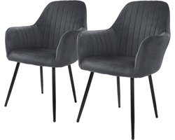 Set van 2 Eetkamerstoelen met Armleuning en Rugleuning - Grijze Fluwelen Dining Stoelen met Metalen Poten