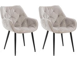 Set van 2 Eetkamerstoelen met Armleuning - Luxe Grijze Fluweel Bekleding - Stabiel Metalen Onderstel