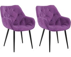 Set van 2 Eetkamerstoelen met Armleuningen in Zacht Paars Fluweel | Stabiel Metalen Onderstel