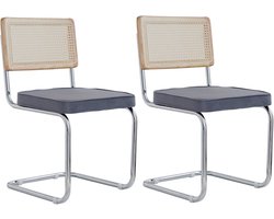 Set van 2 Eetkamerstoelen met Riet Rugleuning - Stalen Frame - Grijze Uitvoering