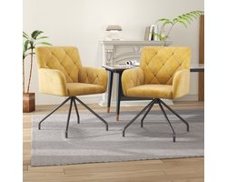 Set van 2 eetkamerstoelen met ruitpatroon, gestoffeerde fauteuil met 4 metalen poten, moderne loungestoel, stoel voor woonkamer, slaapkamer, studeerkamer en bureau, gemaakt van spons en fluweel, geel