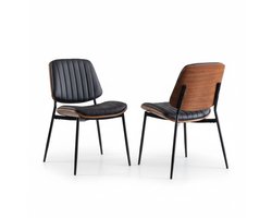 Set van 2 Eetkamerstoelen, Mid-Century Modern Stijl – Kunstleer Zitting, Walnoot Hout & Metalen Frame, Verstelbare Voetjes – Keuken- en Woonkamerstoelen (Zwart)