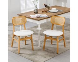 Set van 2 Eetkamerstoelen - Rotan Stoelen met Houten Poten en PU-kussens voor Eetkamer en Woonkamer - Wit