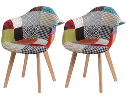 Set van 2 Eetkamerstoelen – Scandinavische Kuipstoelen met Armleuning – Patchwork Stof in Meerkleurig Design – Houten Poten – Comfortabele Fauteuils voor Eetkamer of Woonkamer