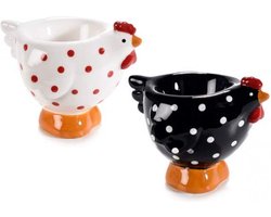 Set van 2 eierdopjes kipjes wit en zwart met rode stippen 6.5x8x6.5cm ideaal voor pasen