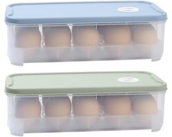 Set van 2 Eierdozen – Stapelbare Koelkast Eierhouder voor 10 Eieren – PP Plastic, Transparant, Duurzaam en Beschermend – Blauw & Groen