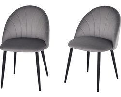 Set van 2 elegante eetstoelen met rugleuning – Grijze fluwelen keuken- en woonkamerstoelen