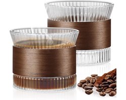 Set van 2 Espresso Cups - Glazen 150 ml - Walnoot Hout - Cappuccino en Mocha Kopjes voor Koffieliefhebbers - Koffie en Melk Opslag