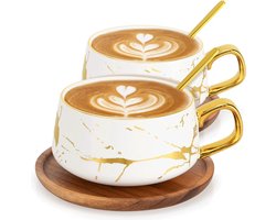 Set van 2 espressokopjes, 300 ml cappuccinokopjes, marmeren koffiekopjes met schotel, porselein, 2 kopjes, 2 schoteltjes, 2 lepels, wit