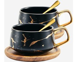 Set van 2 espressokopjes, 300 ml cappuccinokopjes, marmeren koffiekopjes met schoteltje, porselein, 2 kopjes, 2 schoteltjes, 2 lepels, zwart