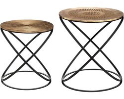 Set van 2 Etnische Bijzettafels met Houten Dienblad - Sfeervolle Decoratie voor Binnen