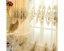 Set van 2 Europese gouden luxe jacquard-gordijnen voor slaapkamer en woonkamer (tule gordijn, 260 x 140 cm)