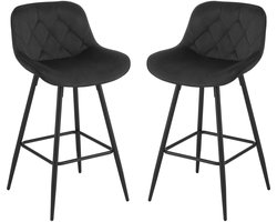 Set van 2 Fluwelen Barkrukken – Gestoffeerde Barstoelen met Rugleuning – Ergonomische Krukken voor Bar, Keukeneiland & Eetkamer – Velvet Design - Keukenstoelen - Zwart