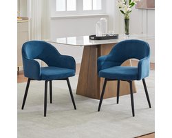 Set van 2 Fluwelen Eetkamerstoelen – Gestoffeerde Zijstoelen, Moderne 360° Draaifauteuils voor Thuiskantoor en Woonkamer, Blauw
