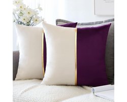Set van 2 fluwelen kussenslopen voor bank, auto, slaapkamer, luxe moderne minimalistische gouden lederen naden, sierkussen, kussenhoes, kussensloop, kussensloop, 45 x 45 cm (paars en wit)