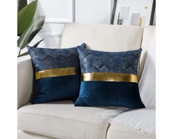 Set van 2 fluwelen kussenslopen voor bank, auto, slaapkamer, luxe moderne, minimalistische gouden leren naden, golfstrepen, sierkussen, kussenhoes, kussensloop, kussensloop, kussensloop, kussensloop, kussensloop, 45 x 45 cm, donkerblauw