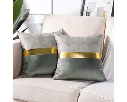 Set van 2 fluwelen kussenslopen voor bank, auto, slaapkamer, luxe moderne, minimalistische gouden leren naden, golfstrepen, sierkussen, kussenhoes, kussensloop, kussensloop, kussensloop, kussensloop, kussensloop, 45 x 45 cm, grijs