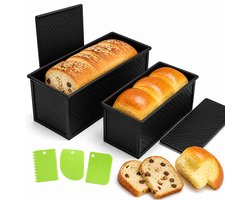 Set van 2 geribbelde broodvormen met deksel Carbonstaal Toastvormen Groot en klein Bakvorm voor brood en cake Zwart Inclusief 3 spatels