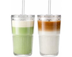 Set van 2 geribbelde glazen bekers met deksel en rietjes, 450 ml ijskoffiekopjes, smoothie- en cocktailglazen, helder glazen servies voor thuis of voor het café