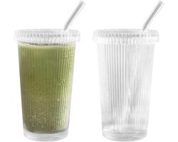 Set van 2 Geribbelde Glazen Bekers met Deksel en Rietjes voor IJskoffie en Smoothies (375 ml)