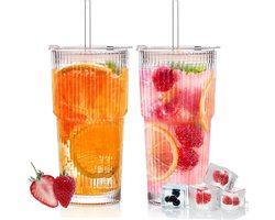 Set van 2 Geribbelde Glazen met Deksel en Rietje voor Ijskoffie en Smoothies