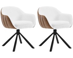 Set van 2 Gestoffeerde Draaibare Keukenstoelen – Ergonomische Designer Eetkamerstoelen met Armleuningen – Comfortabele Lounge Stoelen voor Woonkamer, Eetkamer & Restaurant - Velvet met Bouclé Stof - Wit met Bruin