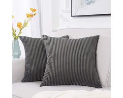 Set van 2 gestreepte Corduroy vierkante gooien kussens kussens voor bank slaapkamer decoratieve pluchtige grote kussens 45x45cm, donkergrijs