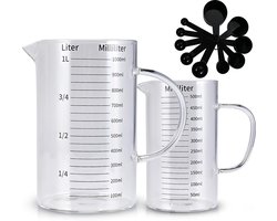 Set van 2 glazen maatbekers met schenktuit, 1 l & 500 ml, Gourmet glazen maatbekers, schaalverdeling voor milliliter liter, hittebestendig en magnetronbestendig, ideaal voor bakken, koken en