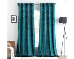 Set van 2 gordijnen, met ringen, goud, fluweel, ondoorzichtig, ogen, folie, print, gouden gordijnen, gordijn met inslagringen, voor slaapkamer en woonkamer, 140 x 245 cm (b x h), blauwgroen