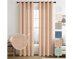 Set van 2 gordijnen voor ramen, imitatie linnen, transparant, decoratief, met oogjes, raamgordijnen voor binnen, elegant, vintage, voor de slaapkamer, 140 x 175 cm, beige-roze