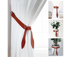 Set van 2 Gordijnroedes Synthetisch Leder - Decoratieve Tiebacks Inclusief Wandhaken (Karamelbruin)