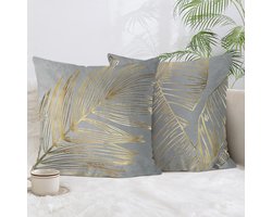 Set van 2 Grijze Fluwelen Kussenslopen met Gouden Print - Decoratieve Kussens voor Binnen en Buiten