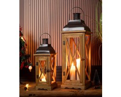 Set van 2 Grote Houten Metalen Lantaarns - Rustiek Decoratief voor Binnen en Buiten