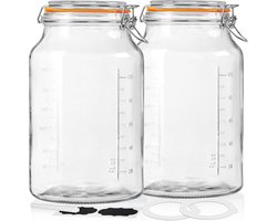 Set van 2 grote luchtdichte glazen potten met brede mond - 4100 ml voor voedselopslag, fermentatie en meer