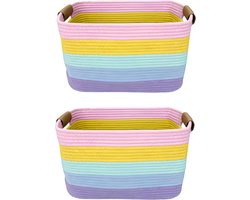 Set van 2 grote opbergmanden, katoenen touw geweven met lederen handgrepen, ideale organizer voor speelgoed, kleding en wasgoed, opvouwbaar en stijlvol in 5 kleuren