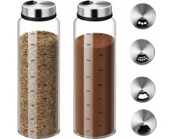 Set van 2 Grote Peper- en Zoutvaatjes van 500 ml met Swing Deck en 4 Soorten Gaten voor Specerijen, Borosilicaatglas, Ideaal voor Keuken en Barbecues